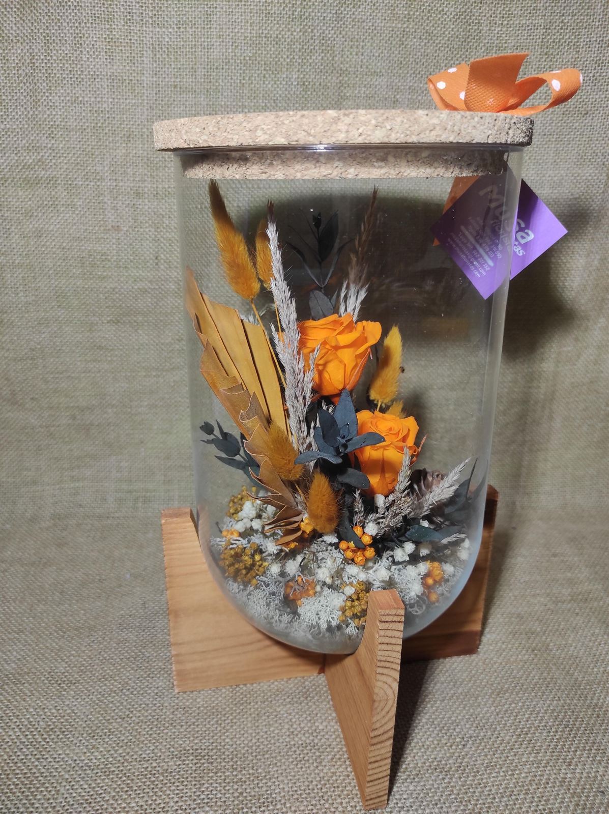 Cilindro en base de madera con tapa de corcho tonos naranja - Imagen 3