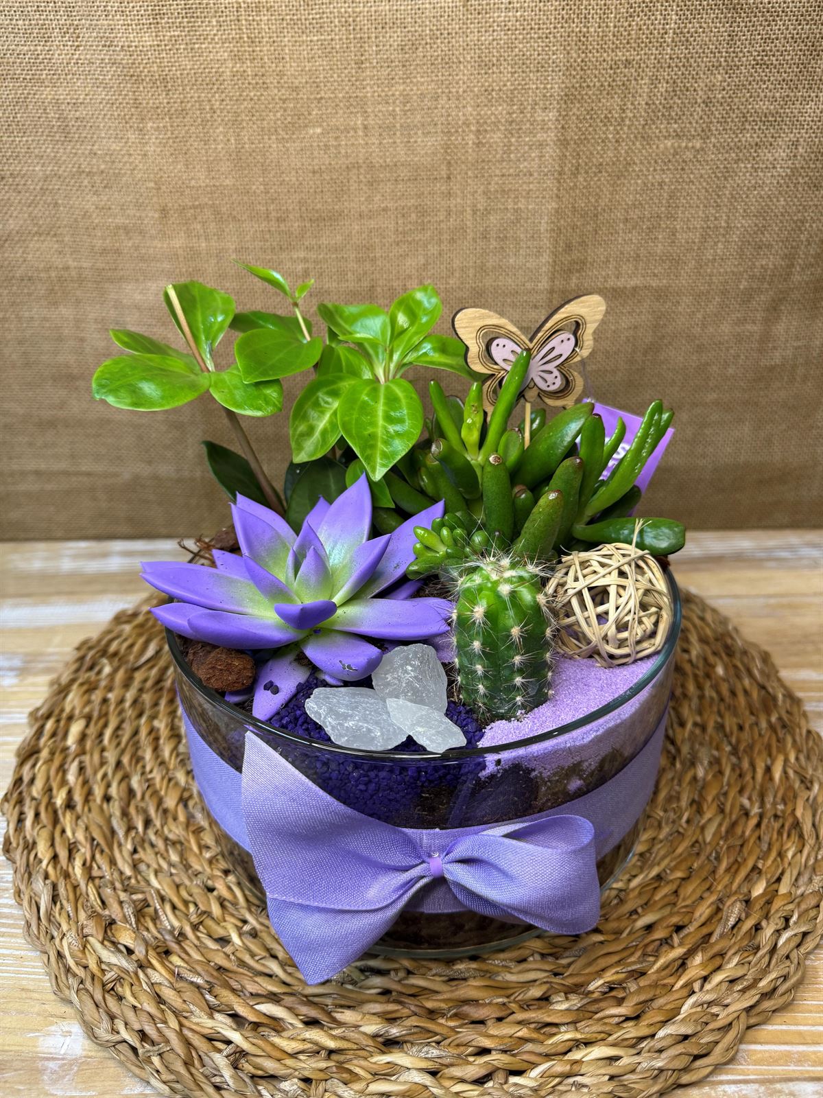 Terrario en base de cristal redonda en tonos lilas - Imagen 2