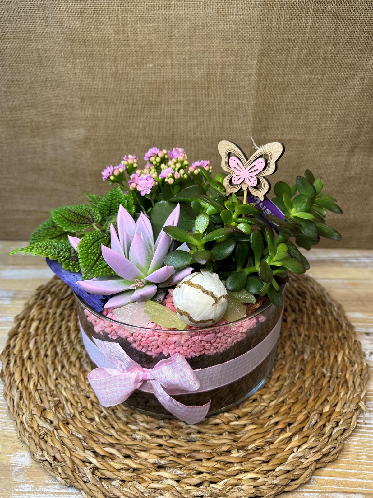 Terrario en base de cristal redonda en tonos rosa - Imagen 4