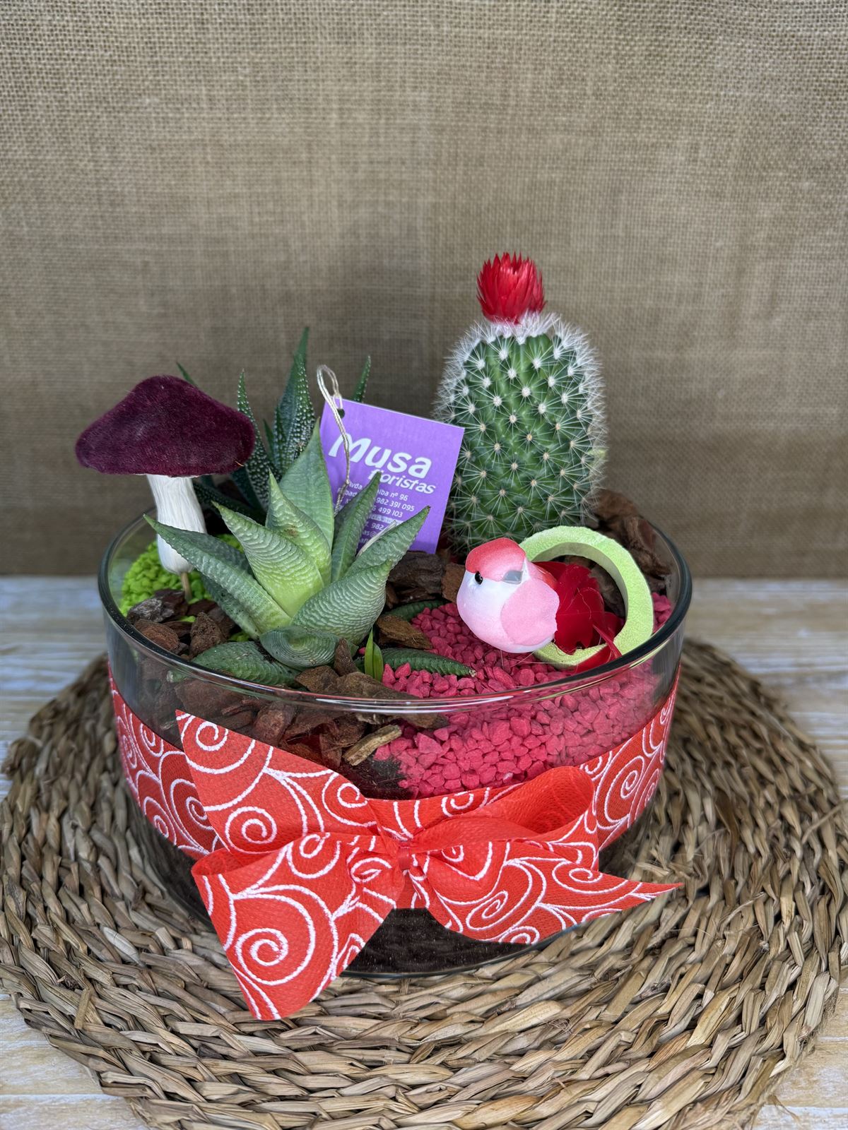 Terrario en cristal redondo en tonos rojos - Imagen 1