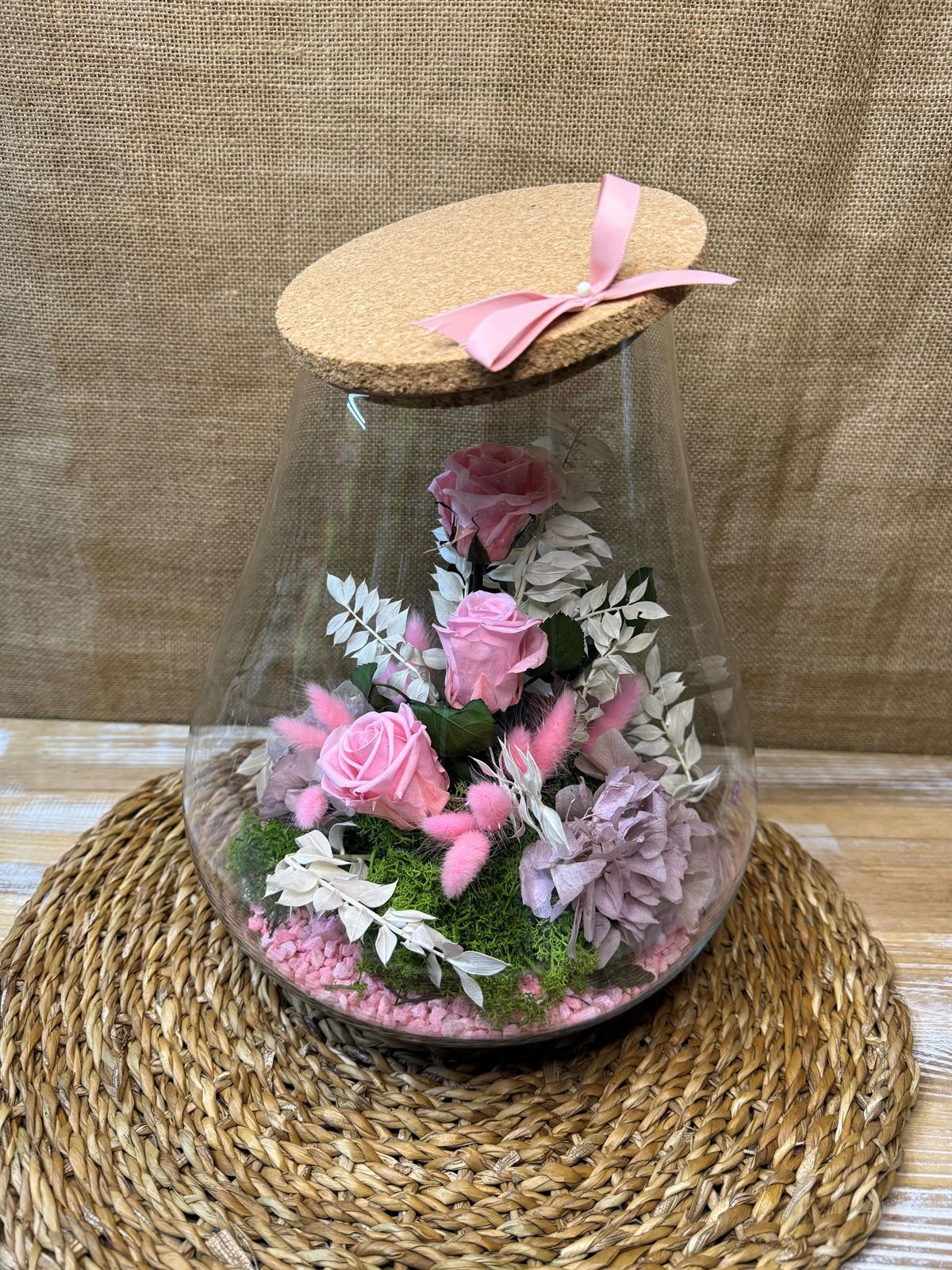 Terrarium boca cortada con tapa de corcho tonos rosa - Imagen 2