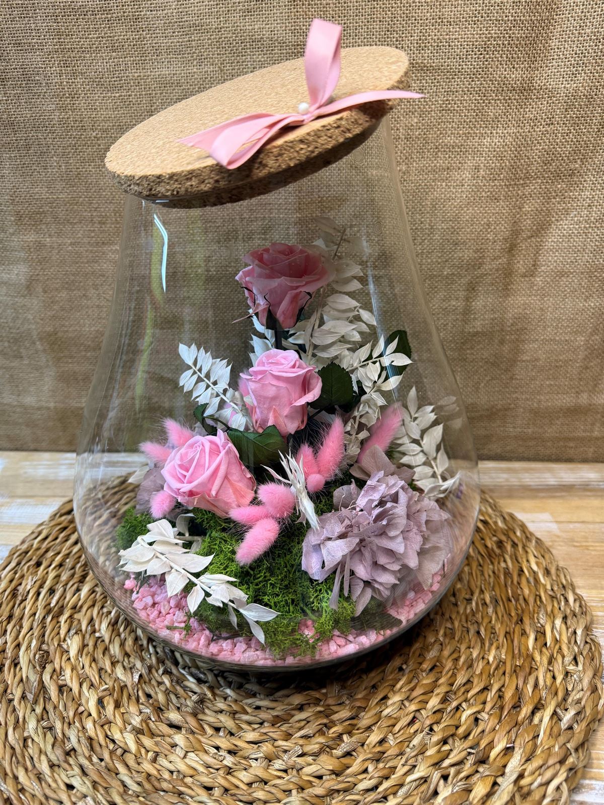 Terrarium boca cortada con tapa de corcho tonos rosa - Imagen 4